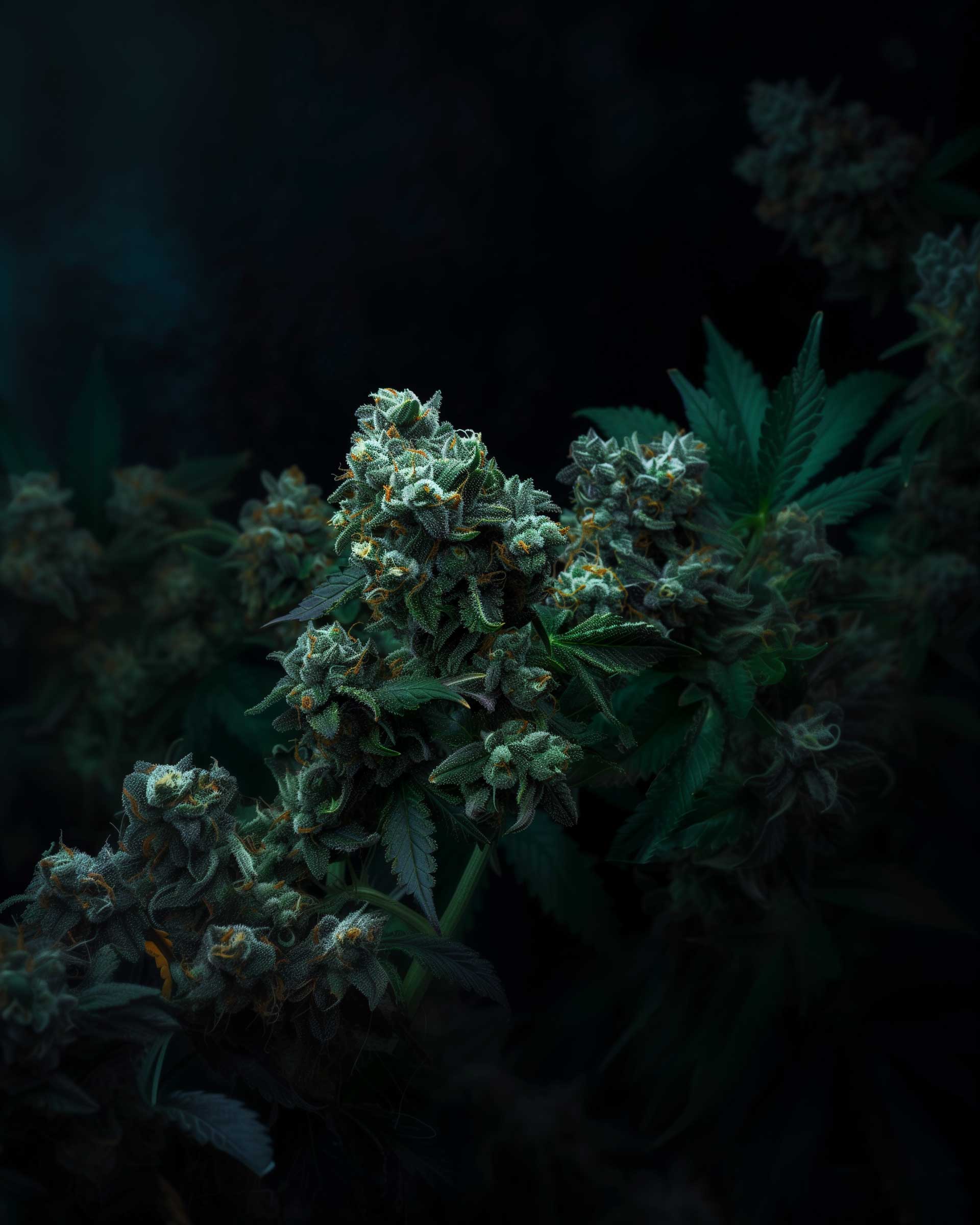 CBD Blüten an einer Cannabisstaude mit einem dunklen Hintergrund. 